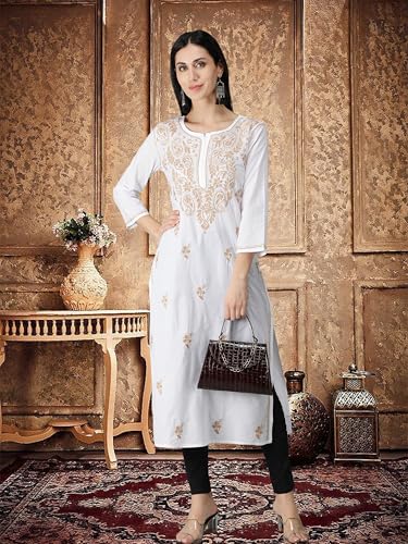 Image of Seva Chikan Hand Embroidered Lucknowi Chikankari Regular Straight Cotton Kurta Kurti for Women SCL4243