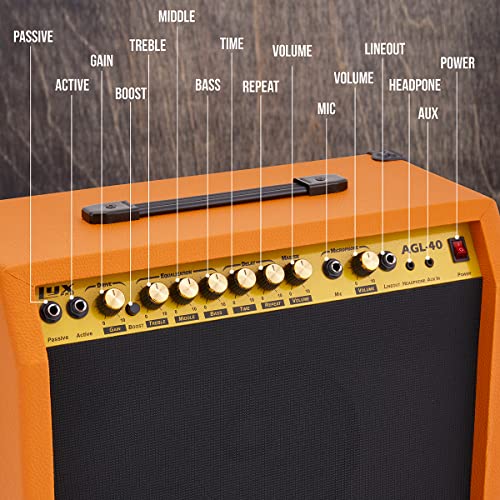 LyxPro 40 Watt Electric Guitar Amplifier | Solid State Studio Amp with 8” 4-Ohm Speaker, Custom EQ Controls, Drive, Delay, ¼” Passive/Active/Microphone Inputs, Aux in & Headphone Jack - Mahogany - Thumbnail 2