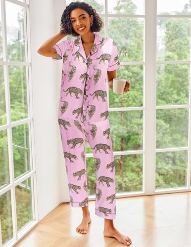 Image of Ekouaer Silk Satin Pajamas Set Floral Print Button Down Pjs Soft Loungewear Pink Leopard Print XX-Large