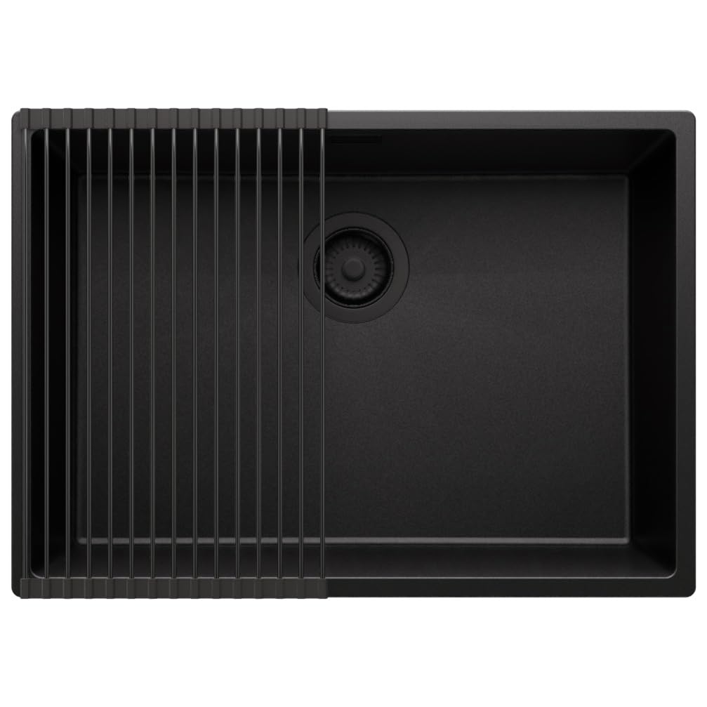 PRIMAGRAN Fregadero bajo Encimera Todo Negro - London, 66x47cm | Cocina 1 Seno + Zuberhor-Set, Granito al Mueble 70cm (S439)
