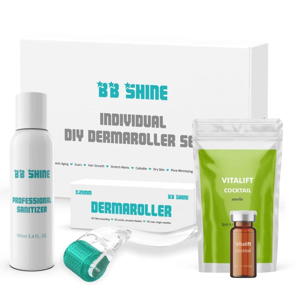 AURA Monaco | Dermaroller Set gegen Akne & Pigmentflecken – Microneedling Kit mit 5ml Serum, 100ml Sanitizer & echtem Derma Roller – Retinol, Hyaluron, Vitamin C – Für Microneedling zuhause