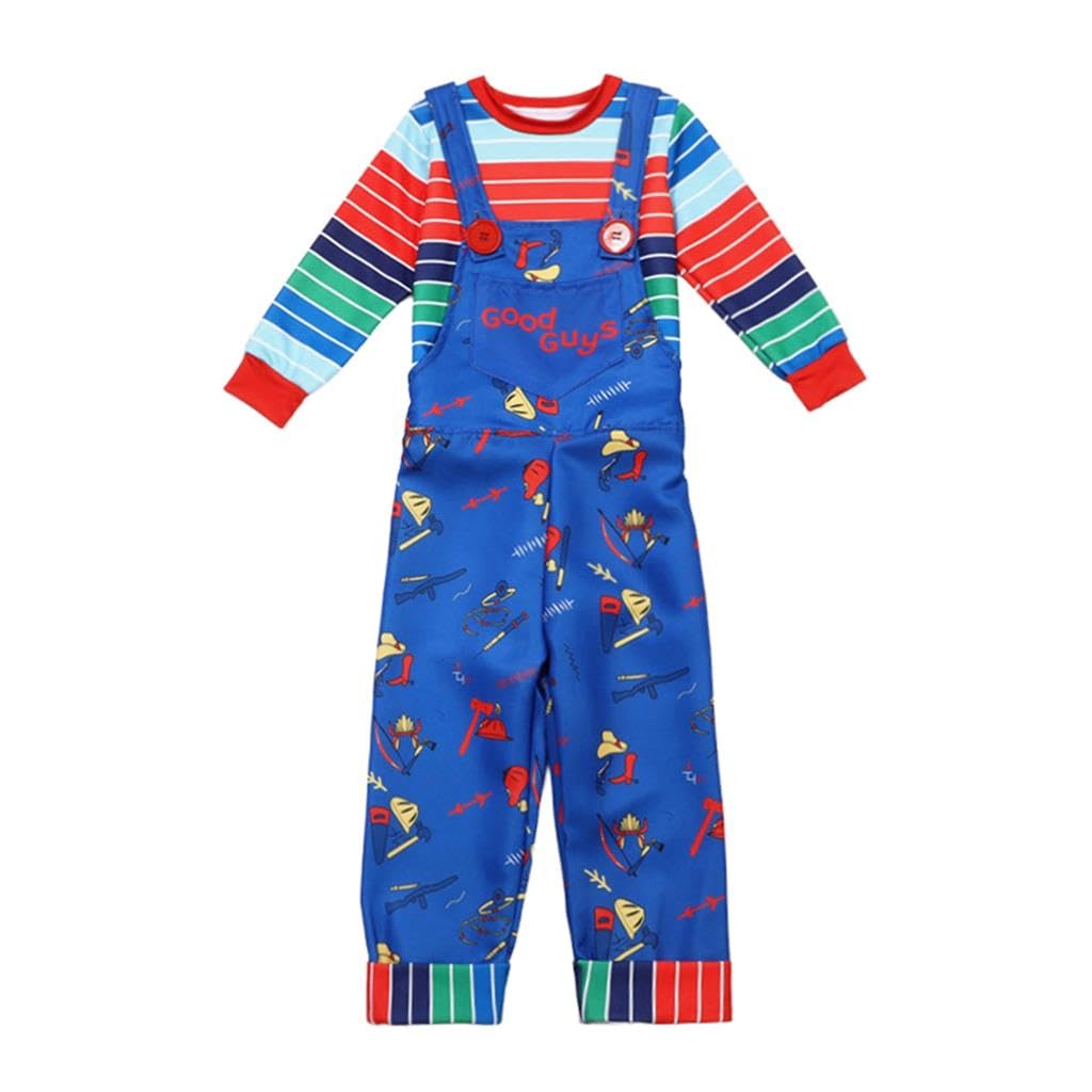 Lito Angels Boys Killer Costume with Striped Tee and Bib Overalls Horror Film Dress Up for Halloween Age 8-9 Years