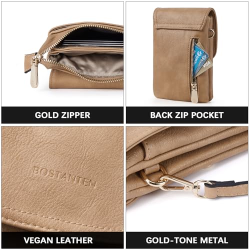 Image of BOSTANTEN Vegan Leather Small Crossbody Bag for Women Designer Cell Phone Wallet Purses Adjustable Strap, Camel Brown, Small