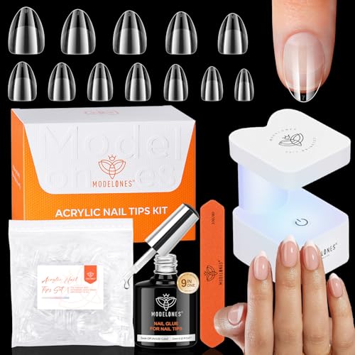 modelones X Nail Gel Kit Extra Short Almond 9-in-One Nail Glue with Mini UV Light 216Pcs 12Sizes Pre-Etched Press ons Fake Acrylic Extension Kit DIY Salon Gift for Women