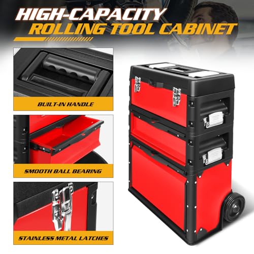 Image of Magshion Heavy-Duty Rolling Tool Box, 3-Tier Stackable Tool Chest System with Wheels & Drawers, Modular Organizer for Small Parts and Tools, Mobile Garage Workshop Storage in Black /Red