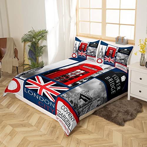 Homewish London Comforter Cover Romantic City Building Bedding Set for Teens Boys,Big Bent Duvet Cover United Super Kingdom Tower Bridge Bed Set Red Telephone Booth Union Jack Flag Bedroom Decor King - Image 2