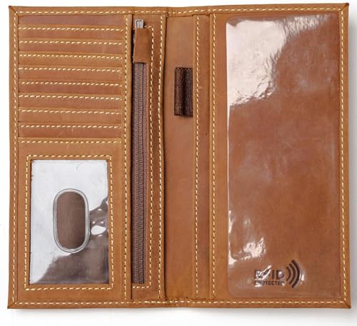 Checkbook Cover Checkbook Wallet Leather Checkbook Cover Rfid Protection Check Book Cover For Business Checkbook Bifold Long Wallet (Rustic Brown J213LCB)