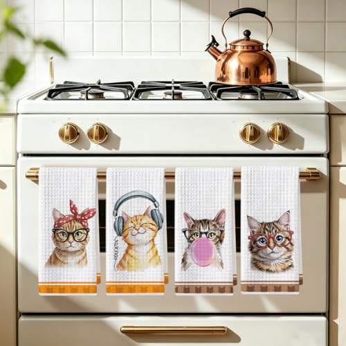 Image of Hanamiya Na 4 Pcs Funny Cat Kitchen Hand Towels 24x14 Inch, Cute Hand Towels for Home Kitchen Bathroom Farmhouse Decor, Cat Mom Lover Lady Gifts for Women Friend Grandma