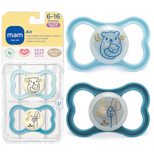 MAM Air Pacifier for Babies 6-16 Months, Extra Air Flow for Sensitive Skin, Glows in The Dark, Developed With Medical Experts, BPA-Free Skin Soft Silicone, 2 Count, With Sterilizer Case Made in Europe