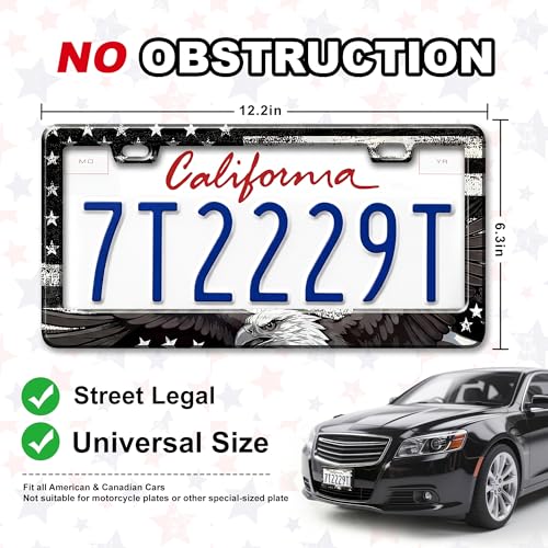 Image of American Flag License Plate Frame 2 Pack Patriotic Plate Holder | Universal Aluminum Car License Plate Cover with Screws for Women Men