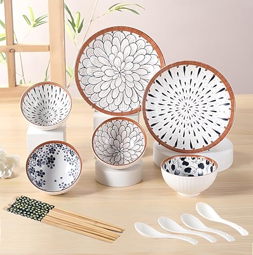 Image of YOMITH Ceramic Dinnerware Set, Floral Design Kitchen and Dining Porcelain Serving Dinner Set 2 Plates, 4 Bowls, 4 Soup Spoon & 4 Wooden Chopsticks, with Gift Box (Set of 14)