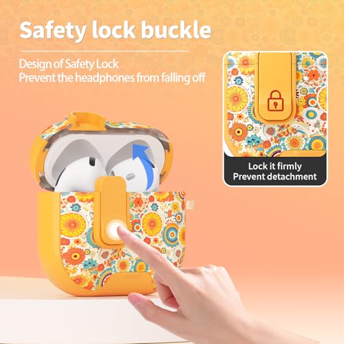 Image of for AirPods 4 Case with Safty Lock & Phone Stand,Cute Floral Pattern Style | PC & TPU Dual Layer Protective Cover with Keychain & Cleaner Pen for Apple AirPod 4th Generation 2024 Women (Sunflower)