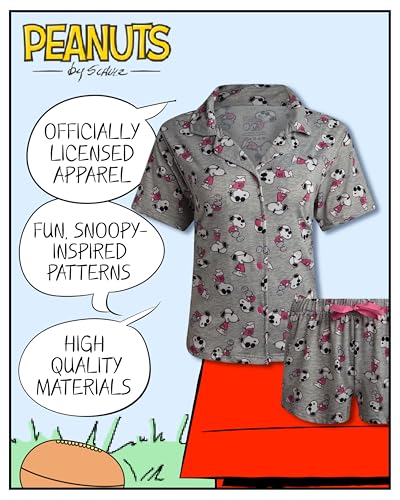 Image of COCO BRANDS Peanuts Snoopy Womens Pajama Set - 2 Piece Short Sleeve Button Down Sleep Shirt and Pajama Shorts