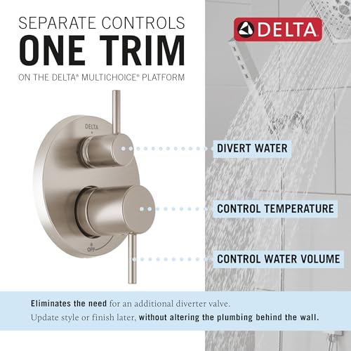 Image of Delta Modern 14 Series Round Rain Shower System Faucet Set, Rainfall Brushed Nickel Shower Head and Handle Set, Valve Trim Kit, 10 Inch, Spotshield Stainless T342702-SP (Valve Not Included)