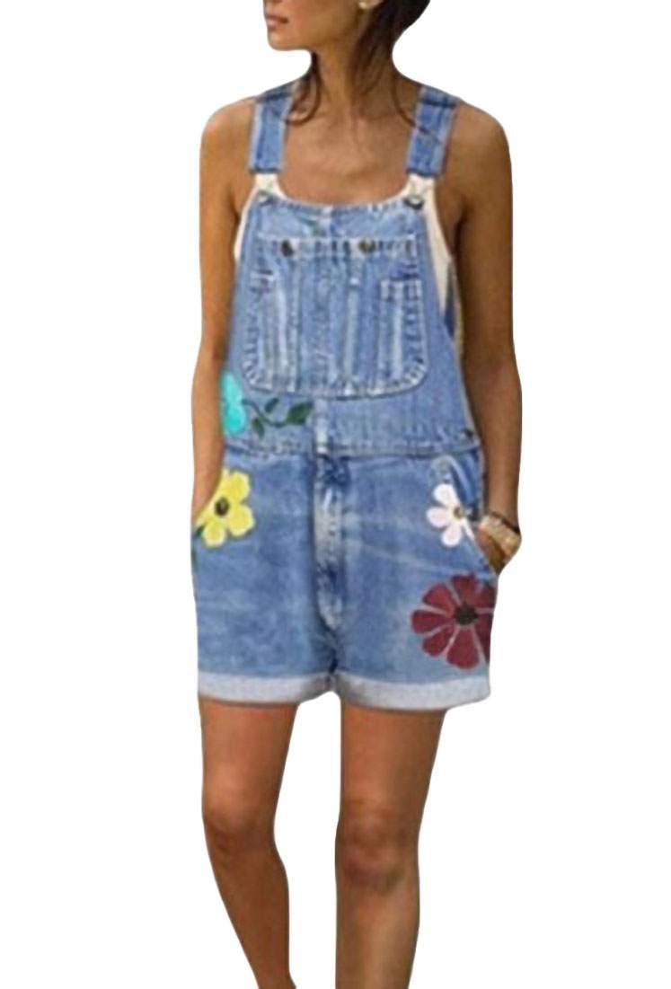 Denim Jumpsuit Romper Flower Print Overalls Casual Overall Shortalls 2 US XL