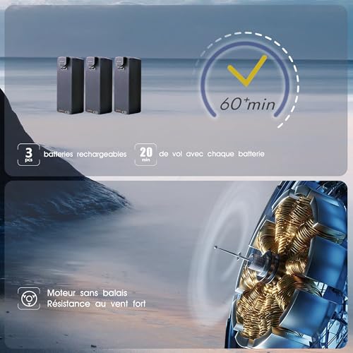 Drone avec camera 4K HD pour débutants - Portée 800 mètres, 60+ min de vol, Moteur brushless, Auto Hover, Auto Follow, WiFi FPV, pliable (3 batteries) – Image 6