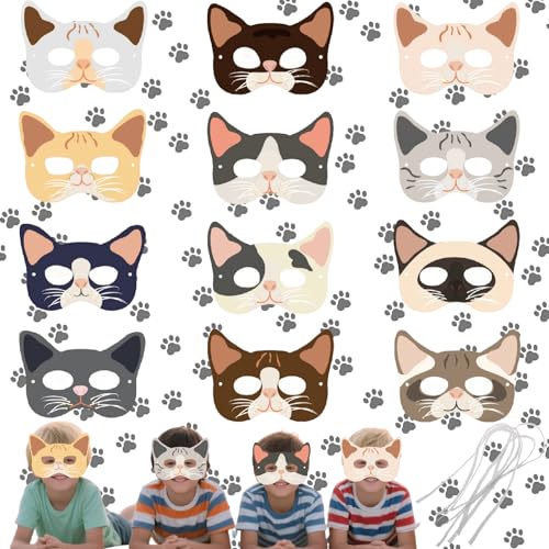 12 peças máscara de gato, máscaras de animais, máscara de festa de Halloween, presente de aniversário: Pode ser usado em festas de aniversário, festas de Halloween, festas temáticas de animais