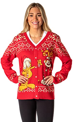 Garfield Men's Odie and Garfield Christmas Ugly Sweater Button-Up Knit Cardigan4