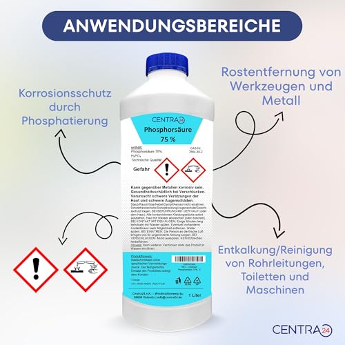 Centra24 Phosphorsäure 75%, 1.6kg (=1L), Rostlöser, Entkalker, Urinsteinlöser, hochkonzentriert, lange Haltbarkeit, technische Qualität
