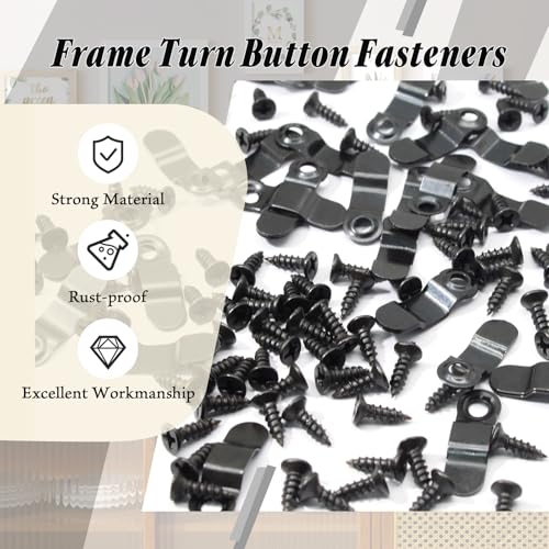 Image of Bonsicoky 100 Pack Metal Picture Frames Turn Button Fasteners with 100 Pieces Screws - Black Frame Picture Hardware Backing Clips for Hanging Pictures, Photos