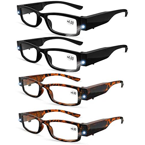 DuanMei 4 Pcs Reading Glasses with Light Bright LED Readers with Lights Reading Glasses Lighted Magnifier Nighttime Reader Compact Full Frame Eyewear Clear Vision Unisex Clear Vision Lighted (+400) Cover