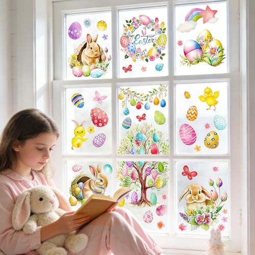 LERKNVOE Fensterbilder Ostern,9 Blätter Oster Fensterbilder Selbstklebend Fensterbild Wiederverwendbar mit Hasen Ostereier,Ostern Fenstersticker Kinder für Kinderzimmer Fenster Osterdeko