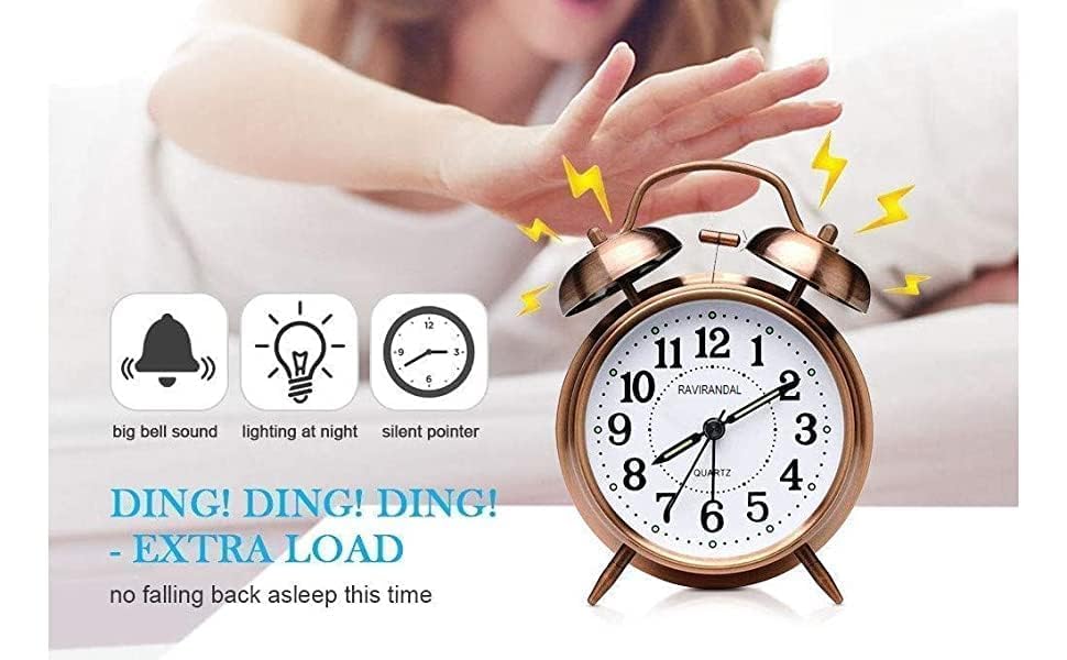 STL Retro Alarm Clock Twin Bell with Night LED Function, Non Ticking Metal Frame High Volume Bedside Alarm for Students/Bedroom/Office (Copper) 1