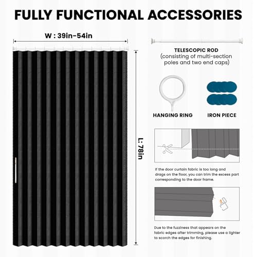 Image of AJAZZ Blackout Magnetic Door Curtain with Curtain Rods Adjustable 28-52 inch Long Pleated Door Curtain Folding Door Invisible Applicable Bedroom Room Living Room Doorway (1 Pack, 54 W x 78 L, Black)