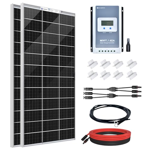 ECO-WORTHY 400W Solarpanel Kit:2 * 195W 12V Bifacial Solarpanel + 40A MPPT Solarladeregler + 5m Solarkabel + Z-Befestigungsklammern für Wohnmobil,Wohnwagen,Haushalt und Off-Grid-System