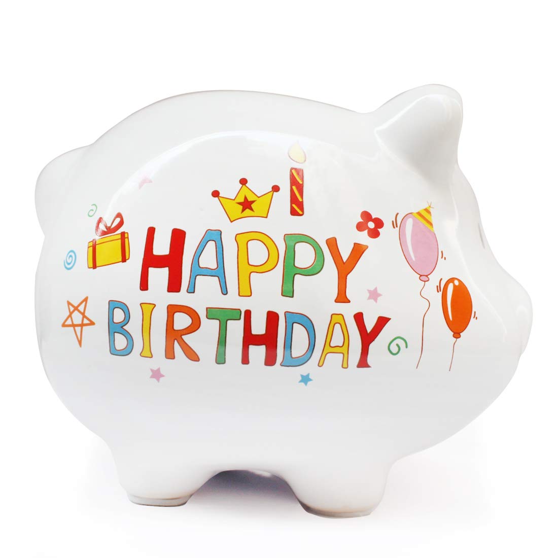 Piggy Bank, Mini & Small Cute Ceramic Coin Money Piggy Bank, Makes a Perfect Unique Gift, Nursery Décor, Keepsake, or Savings Piggy Bank for Kids, White (Happy Birthday Piggy Bank)
