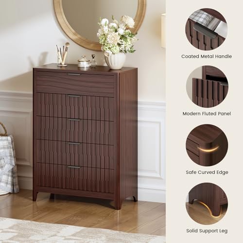 Image of Fluted 5 Drawers Dresser for Bedroom, 44'' Tall Wooden Chest of Drawers with Metal Handles, Modern Dresser TV Stand, Wood Clothing Storage Organizer for Living Room, Entryway, Walnut