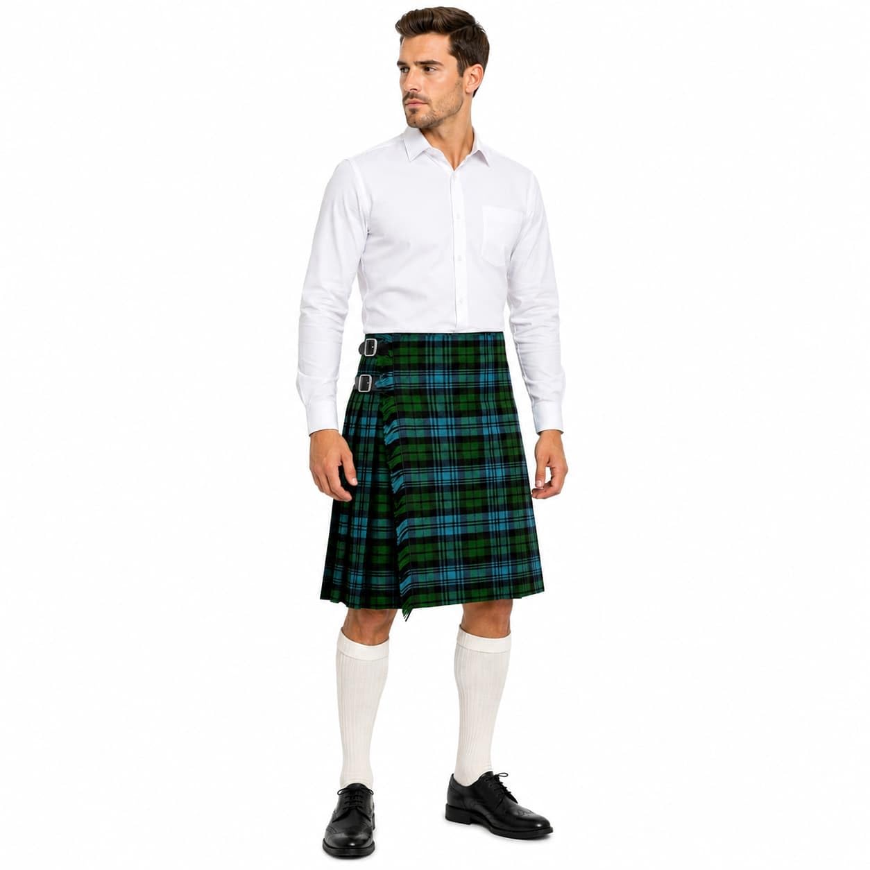 Campbell, kilt scozzese da uomo, 8 m, in lana acrilica, tradizionale kilt plissettato con cinghie in pelle e fibbie cromate, vita personalizzata, lunghezza 61 cm