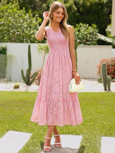 Image of Simplee Womens Semi Formal Dresses for Wedding Guest Floral Lace Midi Dress | Floral lace, Modest, Midi length, Sleeveless, V neck, Smocked empired waist, Semi formal wedding guest dress, Baptism dress
