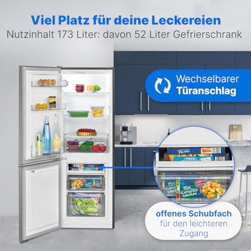Bomann® Kühlschrank mit Gefrierfach 143cm hoch | Kühl Gefrierkombination 173L mit 3 Ablagen & 3 Schubladen | Türanschlag wechselbar | leise Kühlgefrierkombi 40db | Kühlschrank | KG 7331 inox – Bild 4