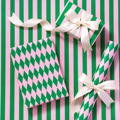 RUSPEPA Reversible Wrapping Paper Roll Mini Roll Green & Light Pink Stripes and Diamond Pattern Holiday Gift Wrap for Christmas Birthday Valentines Day Merry Market Gifts 17 Inches x 16.4 Feet