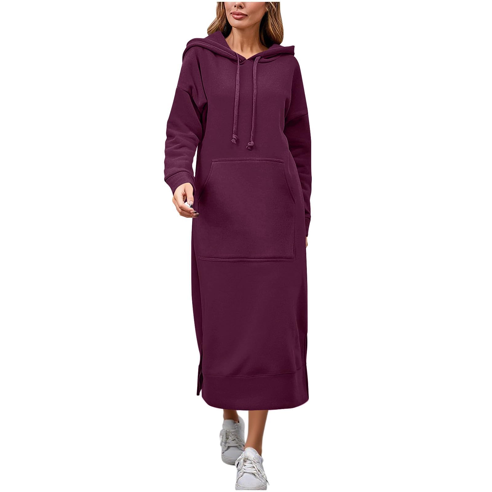 Robe longue à capuche pour femme, robe longue surdimensionnée avec cordon de serrage et poche
