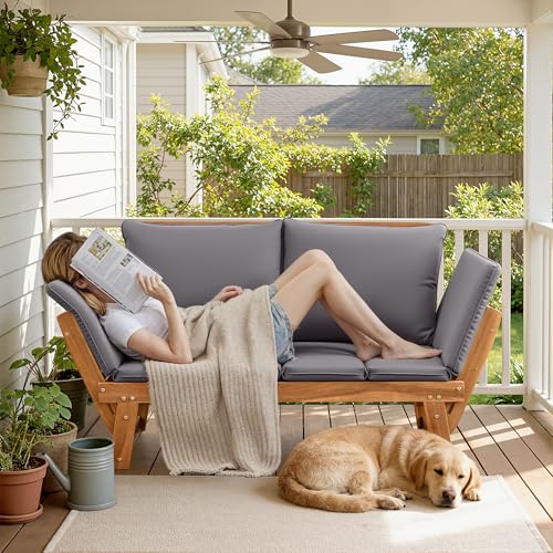 image for Flamaker Outdoor Couch with Adjustable Armrests, Acacia Wood Patio Lov