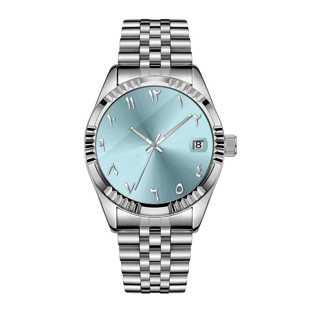 Boyarca Herren-Armbanduhr mit arabischen Ziffern, mechanisches Zifferblatt, automatisches Uhrwerk, 38 mm, Herren-Armbanduhr, Edelstahlarmband mit leuchtendem, wasserdichtem Datum, Hell, blau