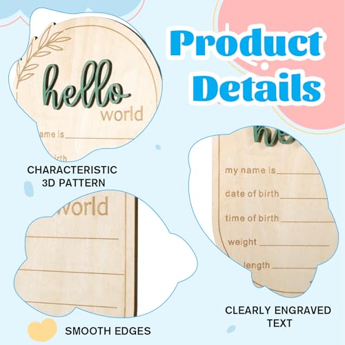 Image of Baby Announcement Sign, 5.9 Inch Wooden Hello World Newborn Signs Birth Baby Name Plaques Birth Announcement Sign for Newborn Boys and Girls Photo Prop Ba-by Shower Hospital Nursery Gift