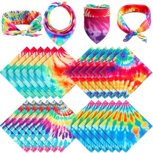 Toulite 24 Pcs Tie Dye Bandanas Bulk Rainbow Psychedelic Pattern Bandana for Men Women Hippie Pet Halloween Party Accessories
