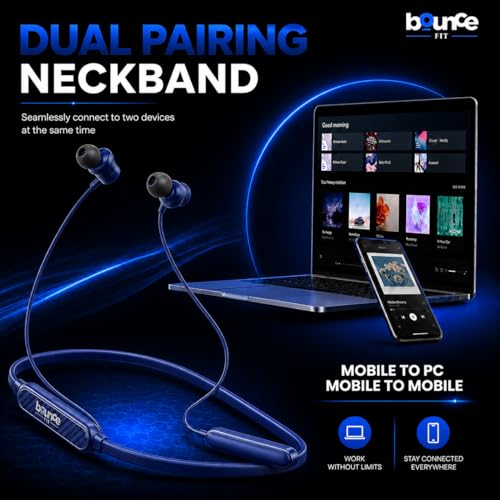 Image of Bouncefit Sonic 144 Bluetooth Wireless Neckband, 35H Continuous Playback Battery, Deep Bass, Stereo Sound, HD Calls, Type C Fast Charging, Rich Audio, Bluetooth Neckband with Mic Earphones (Blue)