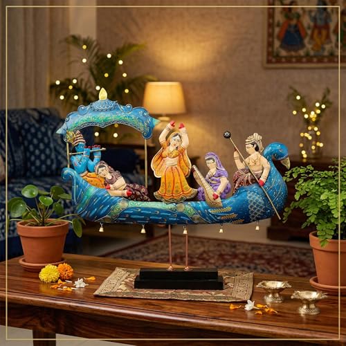 Image of KRAFTSKALA Radha Krishna Nauka Vihar Showpiece for Home Decor Wall Hanging & Tabletop | Metal Peacock Boat Raas Leela Statue with Wooden Base | Large Spiritual Decorative Idol