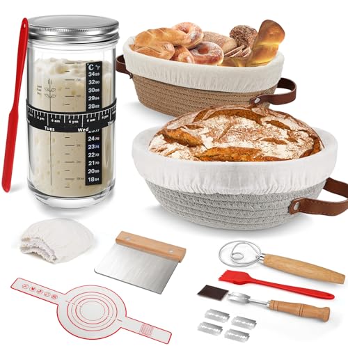 NZQXJXZ Sourdough Starter Kit, Cotton Rope Oval & Round Bread Banneton Proofing Basket with Liners, StarterJar & Scraper for Artisan Bread Baking, Sourdough Proofer Baking Supplies