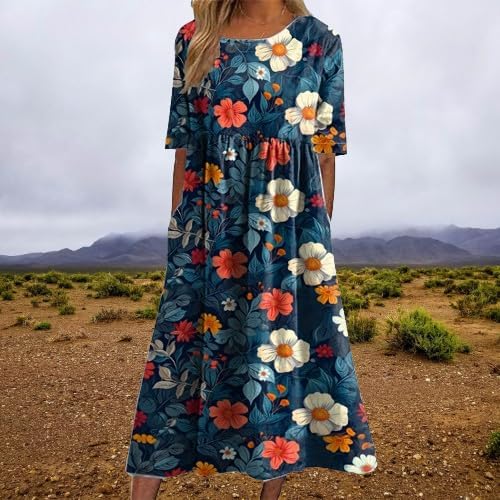 Womens 2024 Boho Summer Short Sleeve Floral Print Maxi Dress Casual Loose Fit Beach A Line Dresses with Pockets - Image 2