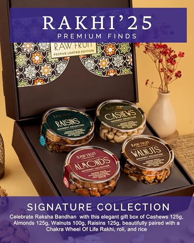 Image of HyperFoods Rakhi with Dry Fruits For Brother Pack of 4 Dryfruits Cashews Walnuts Almonds Pistachios 475 Grams Dryfruits Gift Chakra Wheel of Life Rakhi with Roli & Rice
