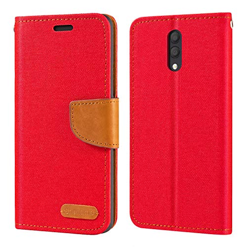 Custodia Flip in Tessuto Oxford e Pelle PU Compatibile con Alcatel 1X 2019 Cover Protettiva con Chiusura Magnetica e Tasche per Carte Rosso