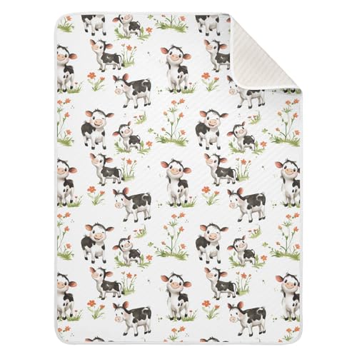 Image of Nursery Bed Blankets for Baby Boy or Girl Soft Warm Stroller Throw Blanket for Infant Toddler Kid Crib Bedding 30X40in Cartoon Cute Cow White
