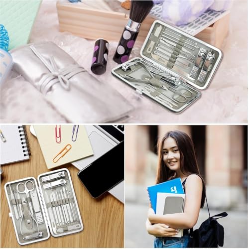 Image of DAINTY DEN Manicure & Pedicure Kit - Professional Stainless Steel Grooming Set with Nail Clippers, Cuticle Trimmer, Scissors & Tweezers - Travel-Ready Care Kit for Men & Women (12 IN 1)