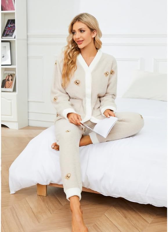 Womens Fuzzy Plush Pajama Set, Soft Warm Fleece Pajama for Women Cute Long Embroidered 2 Piece Sleepwears - Image 5