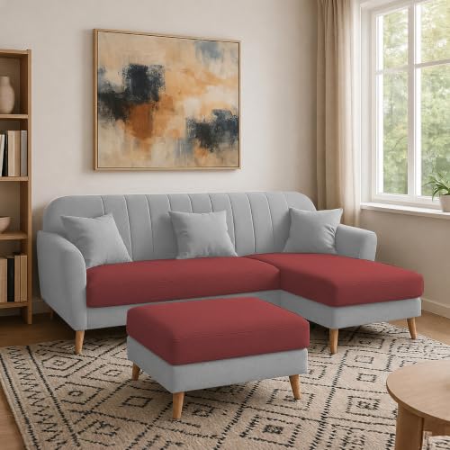 Image of Atticus RHS 4 Seater L Shape Sofa Set with Ottoman for Living Room (Maroon Grey Fabric) Premium Fabric Sofa Set